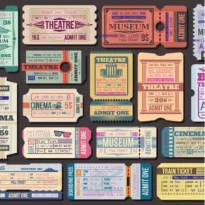 multiple types of cartoon theatre and cinema tickets from 1920s