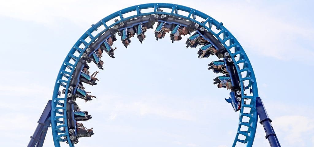 students on a roller caoster at Pleasurewood Hills theme park