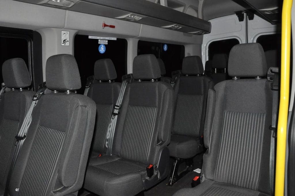 inside of a minibus for school trip travel hire