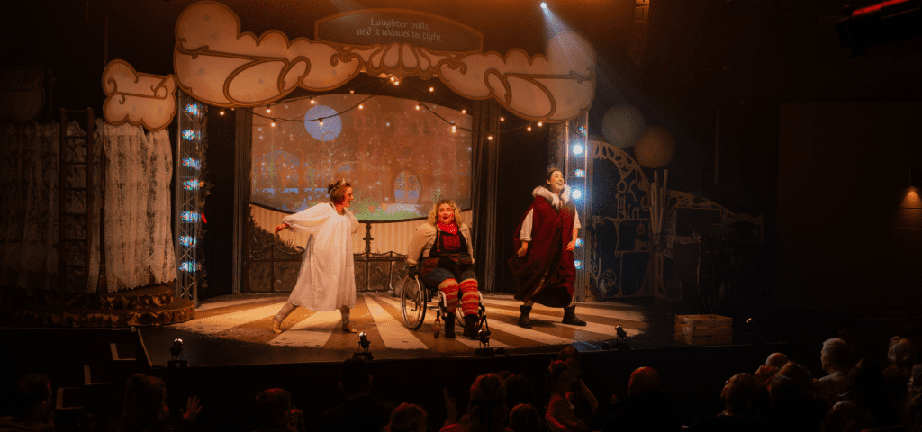 on stage with 3 actors doing show at Stockton Arts Theatre