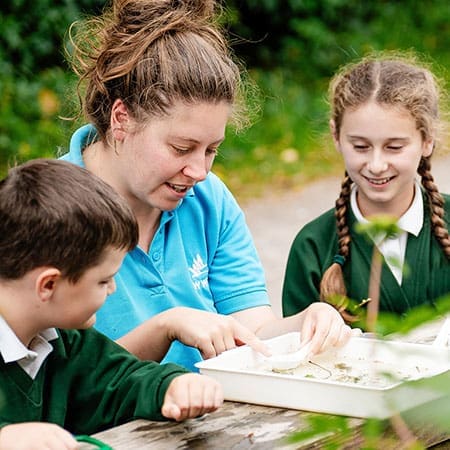 school pupils with wildlife guide outside doing tasks